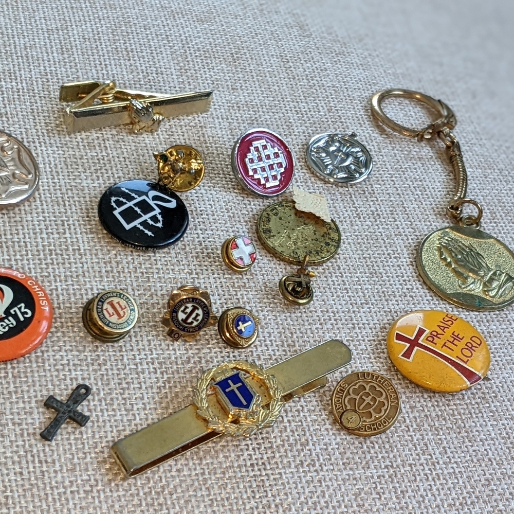 Large group vintage Lutheran Religious Pins tie bar key ring  crosses and more!